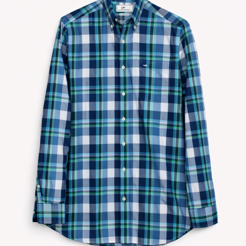Southern Tide Men's Blue and Green Plaid Long Sleeve Button Down Shirt | Size M